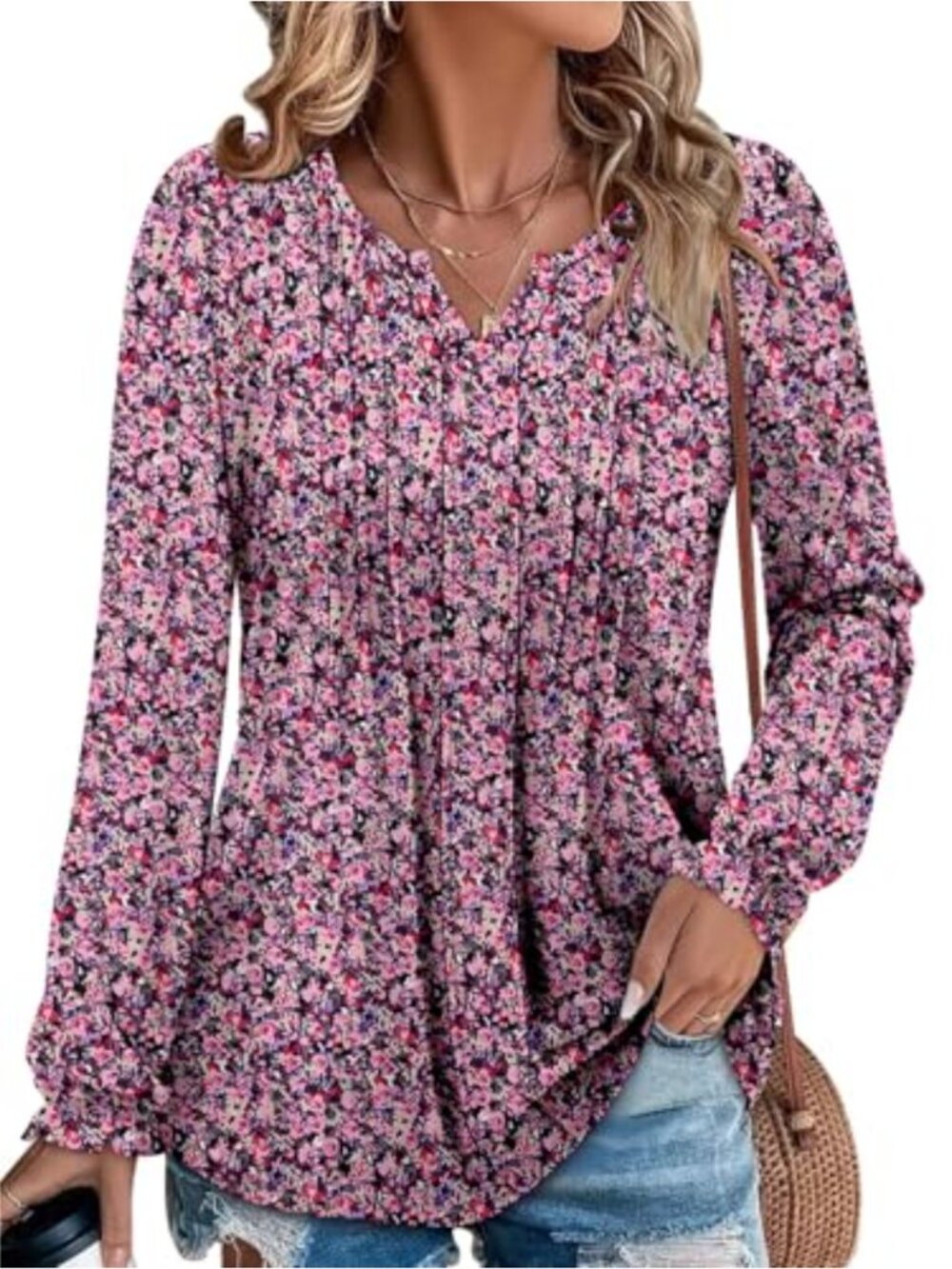 Puff Long Sleeve V Neck Pleated Tunic Top Flowy Work Blouse